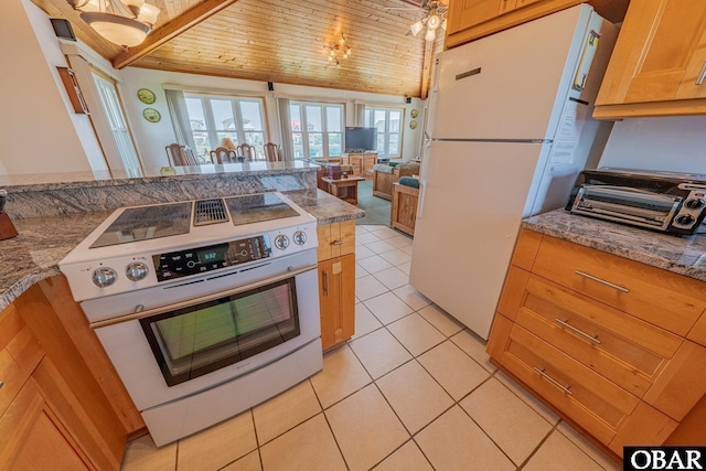 65 Ocean Blvd Lot 3-4, Southern Shores, NC 27949 - kitchen featuring stainless steel range with electric cooktop, wood ceiling, freestanding refrigerator, open floor plan, and light tile patterned floors