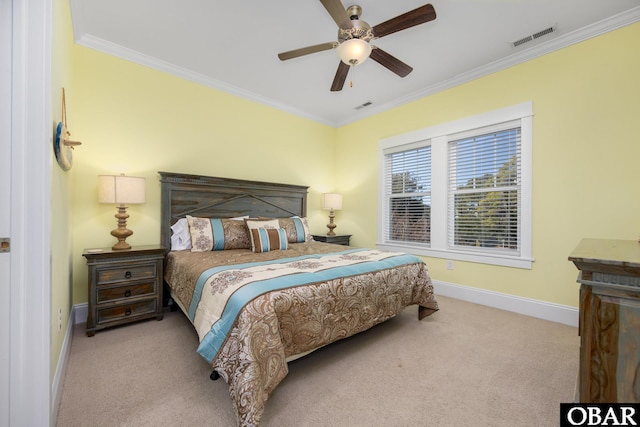 bedroom with ornamental molding, carpet, and visible vents