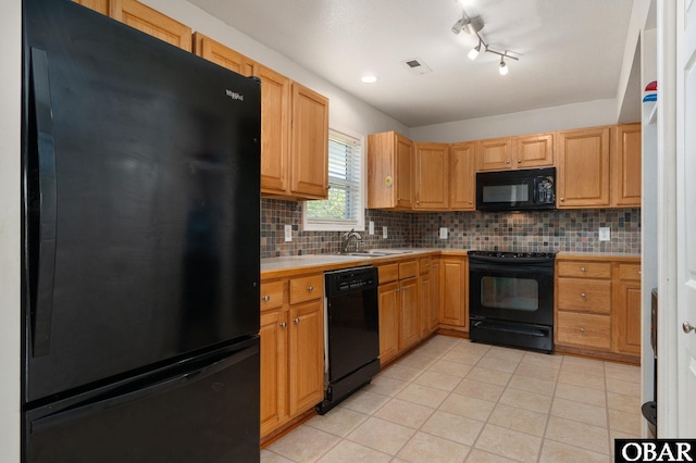 147 Dr Newbern Rd Lot # 3, Powells Point, NC 27966 - kitchen with visible vents, light tile patterned floors, a sink, black appliances, and tasteful backsplash