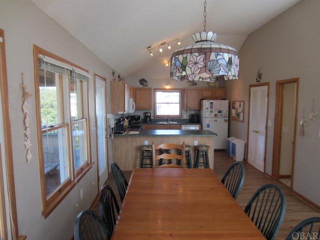 dining space featuring light wood-style floors, baseboards, and vaulted ceiling