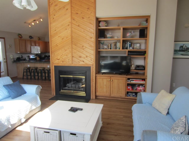 living room with a fireplace with flush hearth and dark wood-style flooring