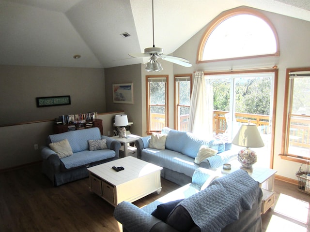 living area with a healthy amount of sunlight, visible vents, and dark wood finished floors