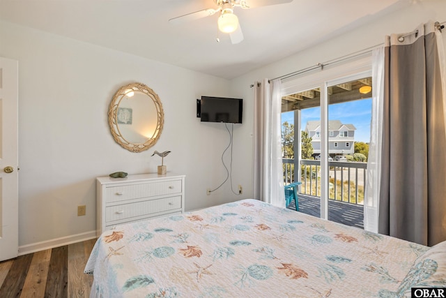 bedroom featuring access to exterior, ceiling fan, baseboards, and dark wood-style floors