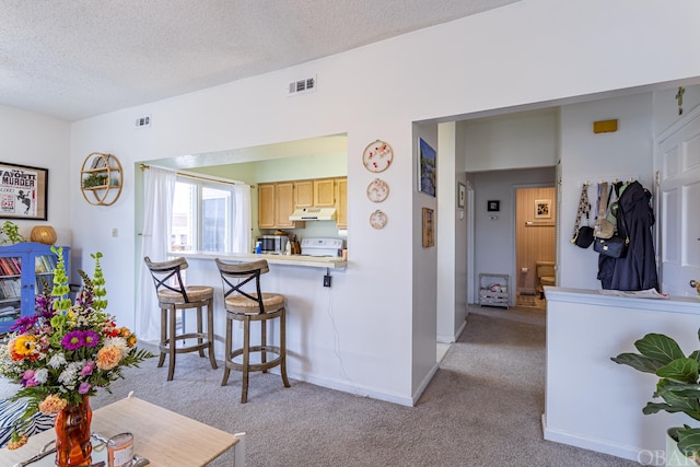 kitchen featuring light countertops, light brown cabinetry, a breakfast bar area, and light colored carpet