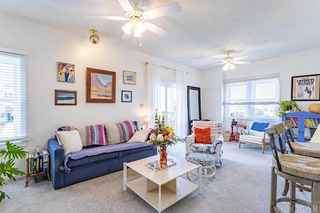 living area with light carpet, plenty of natural light, and a textured ceiling