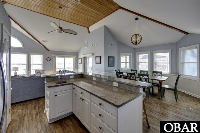 24255 S Shore Dr Lot # 9, Rodanthe, NC 27968 - kitchen featuring open floor plan, dark wood-style floors, white cabinetry, ceiling fan, and wainscoting