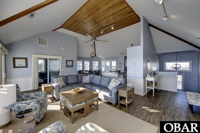 24255 S Shore Dr Lot # 9, Rodanthe, NC 27968 - living room with wood finished floors, high vaulted ceiling, wainscoting, track lighting, and ceiling fan