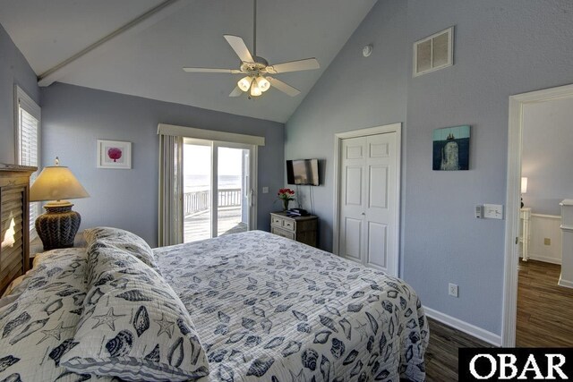 24255 S Shore Dr Lot # 9, Rodanthe, NC 27968 - bedroom with dark wood-type flooring, baseboards, high vaulted ceiling, access to exterior, and a ceiling fan