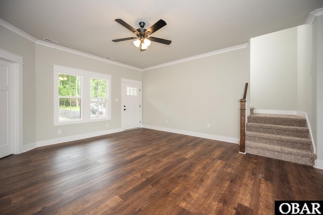329 Country Club Rd Lot A, Lot A, Camden, NC 27921 - unfurnished living room with a ceiling fan, crown molding, stairway, dark wood-style flooring, and baseboards
