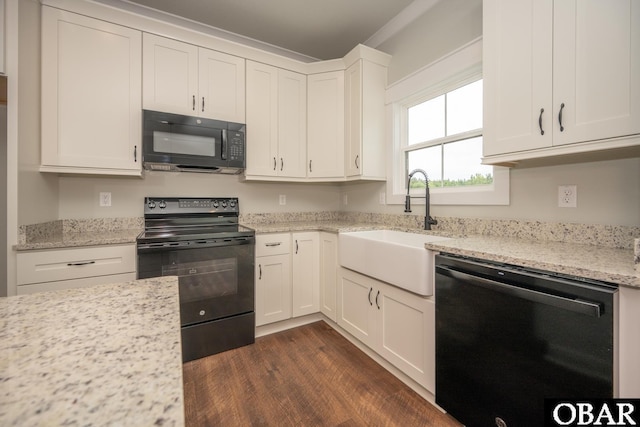 329 Country Club Rd Lot A, Lot A, Camden, NC 27921 - kitchen featuring black appliances, a sink, white cabinets, dark wood finished floors, and light stone countertops