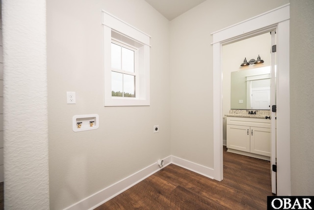 329 Country Club Rd Lot A, Lot A, Camden, NC 27921 - laundry area with dark wood-style flooring, washer hookup, hookup for an electric dryer, and baseboards