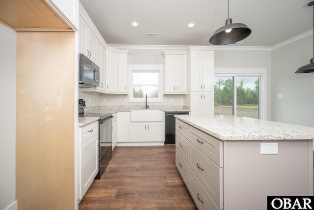 329 Country Club Rd Lot A, Lot A, Camden, NC 27921 - kitchen featuring black electric range oven, stainless steel microwave, a sink, dishwasher, and crown molding
