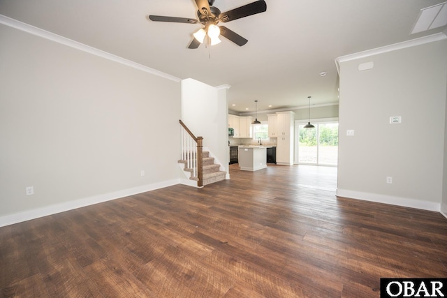 329 Country Club Rd Lot A, Lot A, Camden, NC 27921 - unfurnished living room with crown molding, stairs, ceiling fan, baseboards, and dark wood-style floors