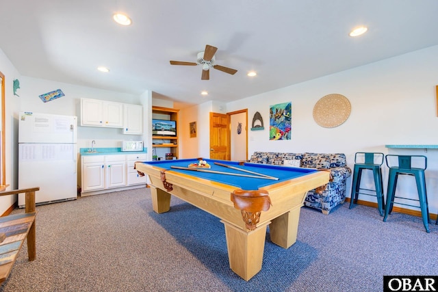 playroom with carpet floors, recessed lighting, billiards, and ceiling fan