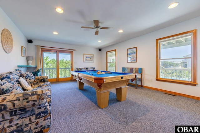 playroom with recessed lighting, billiards, visible vents, baseboards, and dark carpet