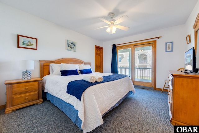 bedroom featuring visible vents, dark carpet, a ceiling fan, access to outside, and baseboards