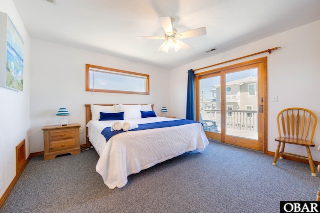 bedroom with access to exterior, visible vents, dark carpet, ceiling fan, and baseboards