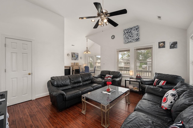 living room with high vaulted ceiling, a ceiling fan, visible vents, and dark wood-type flooring