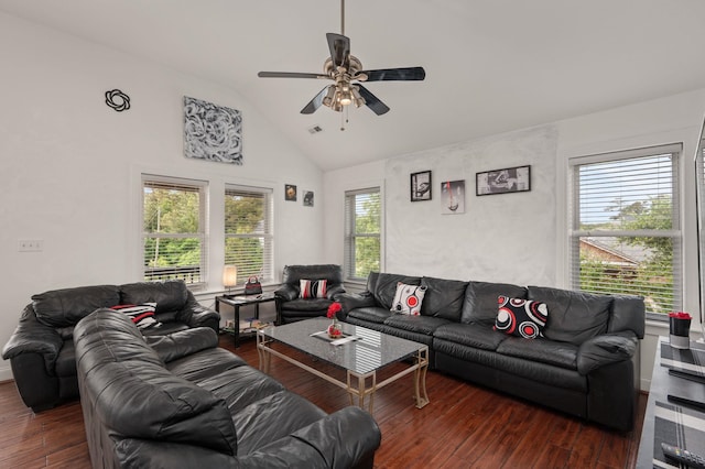 living area featuring dark wood-style floors, ceiling fan, and vaulted ceiling