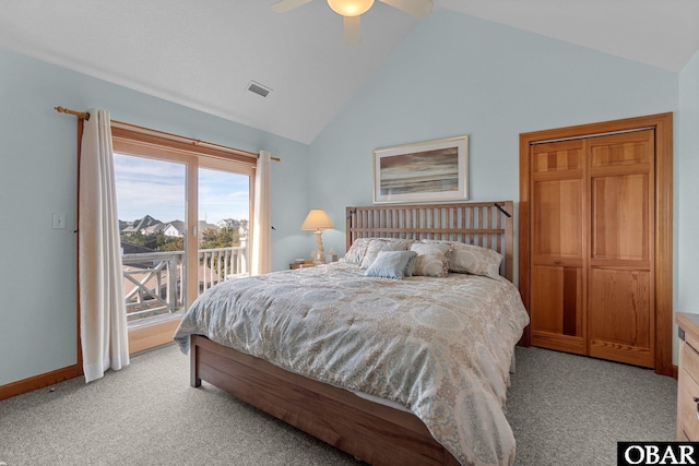 bedroom featuring light carpet, visible vents, vaulted ceiling, and access to outside