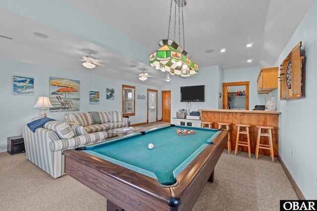 playroom with recessed lighting, light colored carpet, baseboards, and indoor bar