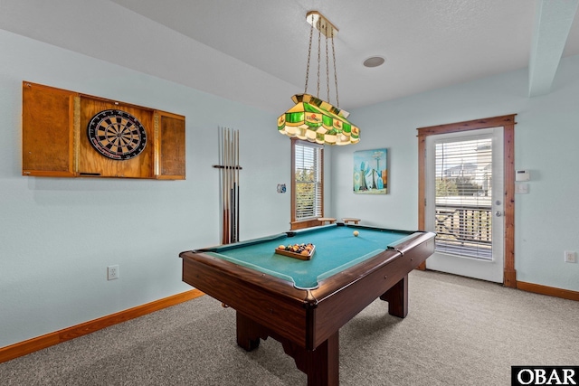 game room with pool table, baseboards, and light carpet