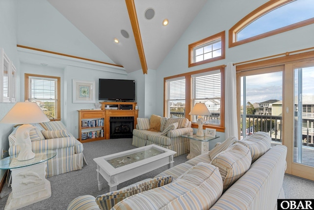 living area with carpet flooring, a fireplace, recessed lighting, and high vaulted ceiling