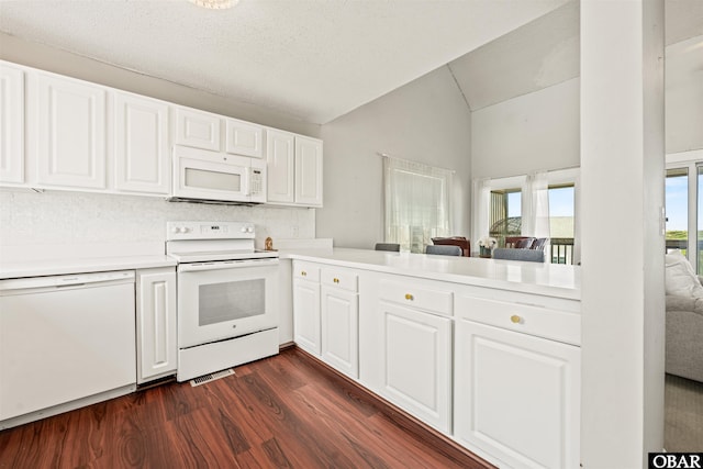 614-B Sea Oats Ct Lot # 6, Corolla, NC 27927 - kitchen featuring white appliances, vaulted ceiling, dark wood-style flooring, light countertops, and white cabinetry