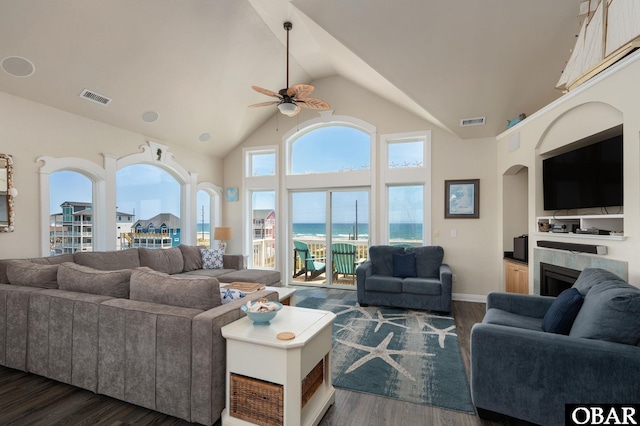 56432 NC-12 Hwy Lot 1, Hatteras, NC 27943 - living room with a ceiling fan, dark wood-type flooring, and high vaulted ceiling