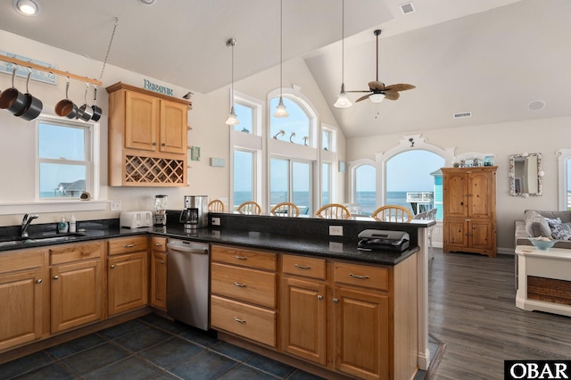 56432 NC-12 Hwy Lot 1, Hatteras, NC 27943 - kitchen with a sink, stainless steel dishwasher, a peninsula, ceiling fan, and open floor plan