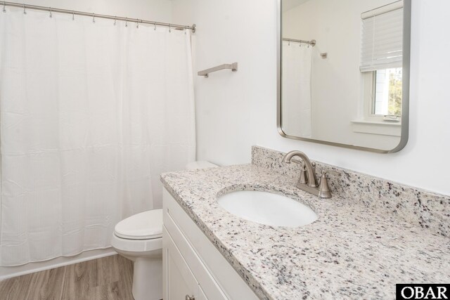 full bathroom with vanity, wood finished floors, and toilet