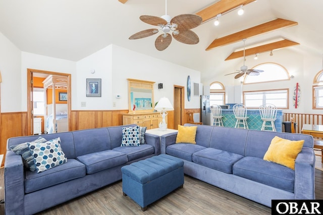 23212 Sea Oats Dr Lot 18, Rodanthe, NC 27968 - living room with ceiling fan, lofted ceiling with beams, track lighting, wainscoting, and wood finished floors