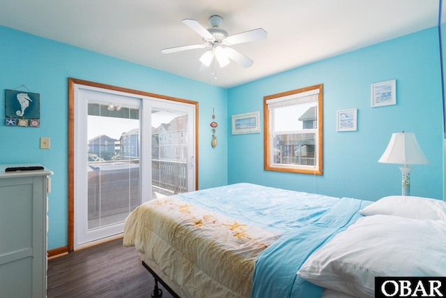 23212 Sea Oats Dr Lot 18, Rodanthe, NC 27968 - bedroom featuring access to outside, baseboards, dark wood finished floors, and a ceiling fan