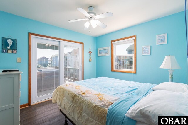 23212 Sea Oats Dr Lot 18, Rodanthe, NC 27968 - bedroom featuring baseboards, ceiling fan, access to exterior, and dark wood-type flooring