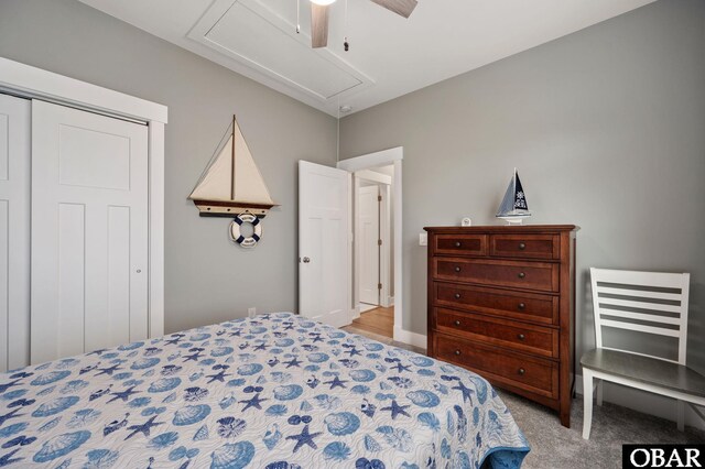 1304 Harpoon Dr Lot # 70, Kill Devil Hills, NC 27948 - bedroom with attic access, a closet, ceiling fan, and light colored carpet