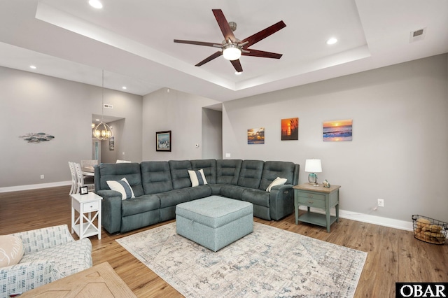 1304 Harpoon Dr Lot # 70, Kill Devil Hills, NC 27948 - living room with a tray ceiling, ceiling fan, recessed lighting, baseboards, and wood finished floors