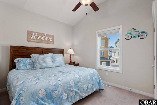 bedroom with visible vents, baseboards, a ceiling fan, carpet, and vaulted ceiling