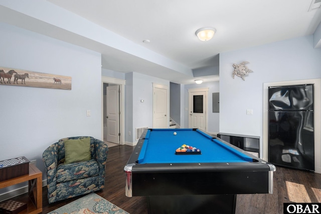 game room with dark wood-style floors, electric panel, pool table, and visible vents