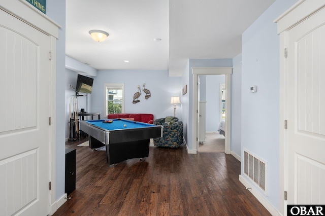 game room with visible vents, dark wood finished floors, baseboards, and billiards