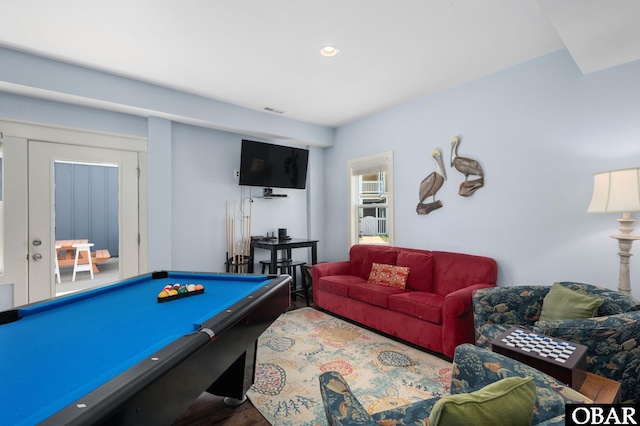 rec room featuring pool table, wood finished floors, visible vents, and recessed lighting