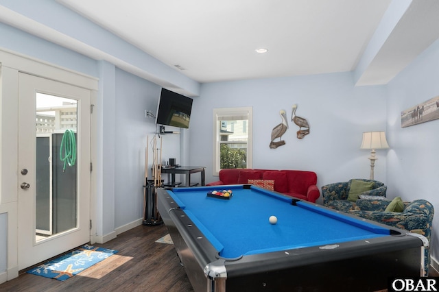 recreation room featuring dark wood-type flooring, recessed lighting, pool table, and baseboards