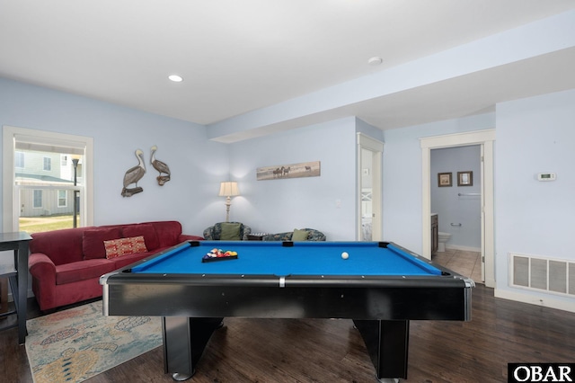 recreation room with dark wood-style floors, recessed lighting, visible vents, and pool table