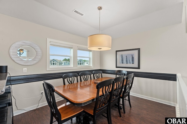 dining area with visible vents, baseboards, and dark wood finished floors