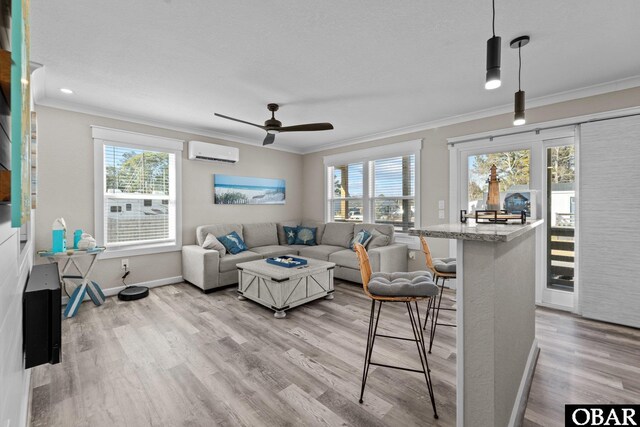 living area featuring a wall unit AC, light wood-type flooring, ornamental molding, and a wealth of natural light