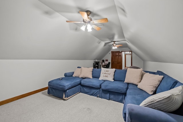 carpeted living room with vaulted ceiling, baseboards, and ceiling fan