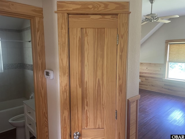 102 Daybreak Ct Lot # 53, Grandy, NC 27939 - bathroom with a ceiling fan, wood finished floors,  shower combination, and vanity