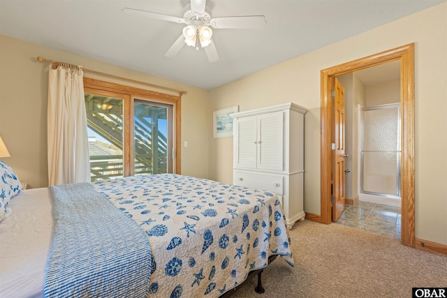 bedroom featuring access to exterior, light colored carpet, ceiling fan, and baseboards