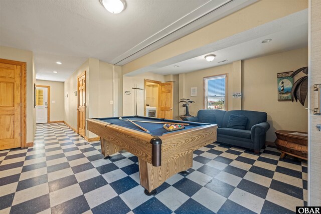 recreation room featuring dark floors, pool table, recessed lighting, and baseboards