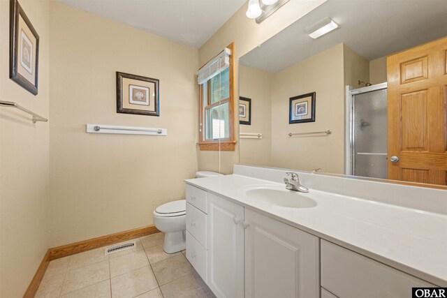 full bath featuring visible vents, baseboards, tile patterned flooring, vanity, and a shower stall