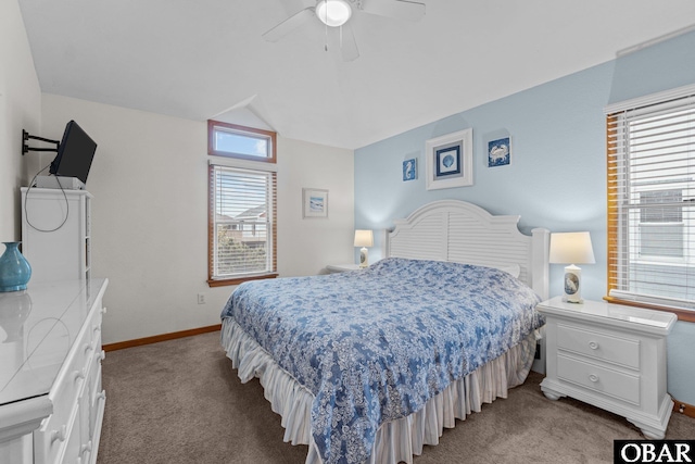 bedroom with a ceiling fan, lofted ceiling, light carpet, and baseboards